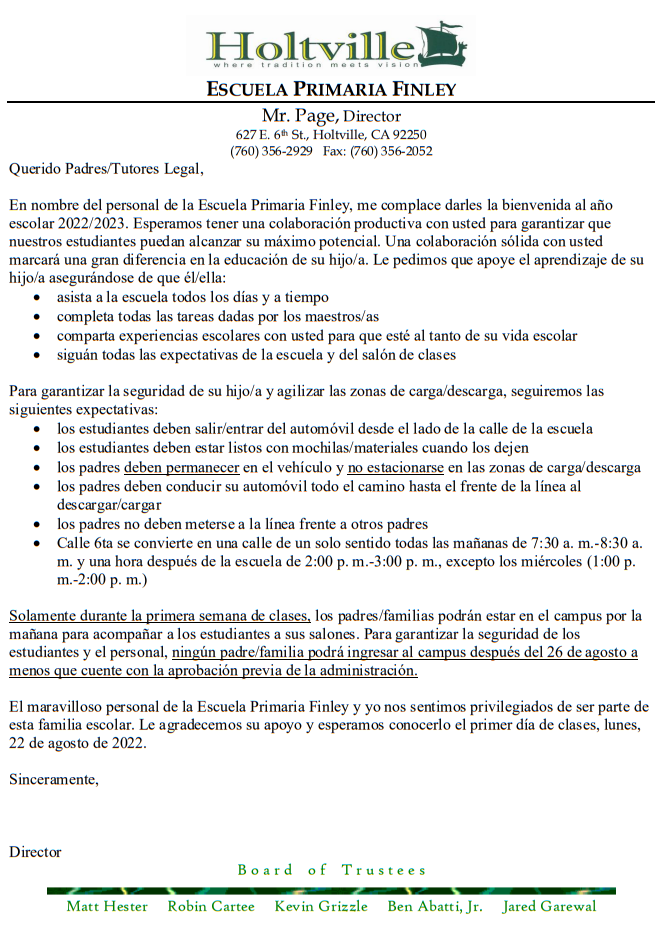 2022-23 School Year Welcome Letter (Spanish)